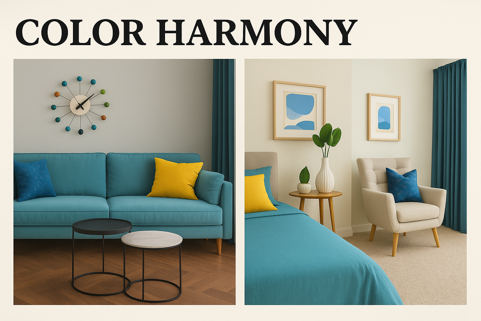 Living room and bedroom side-by-side showcasing teal, yellow, and blue accents for color harmony in modern interior design.