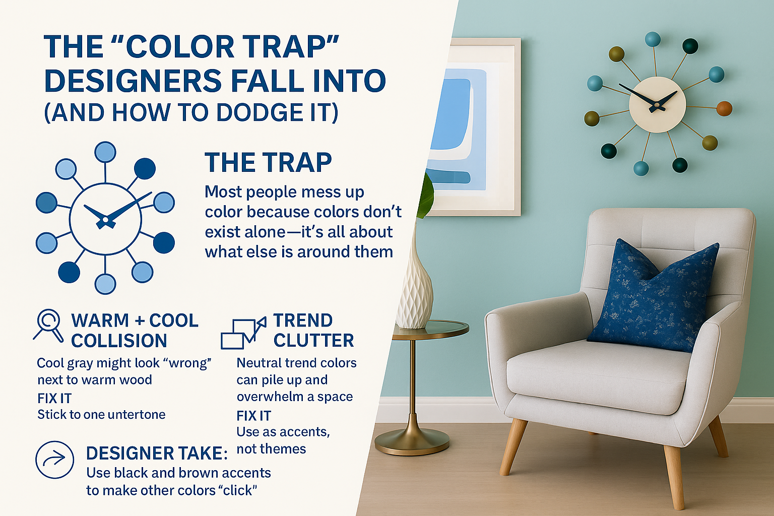 Infographic highlighting common color mistakes and fixes in modern living rooms.