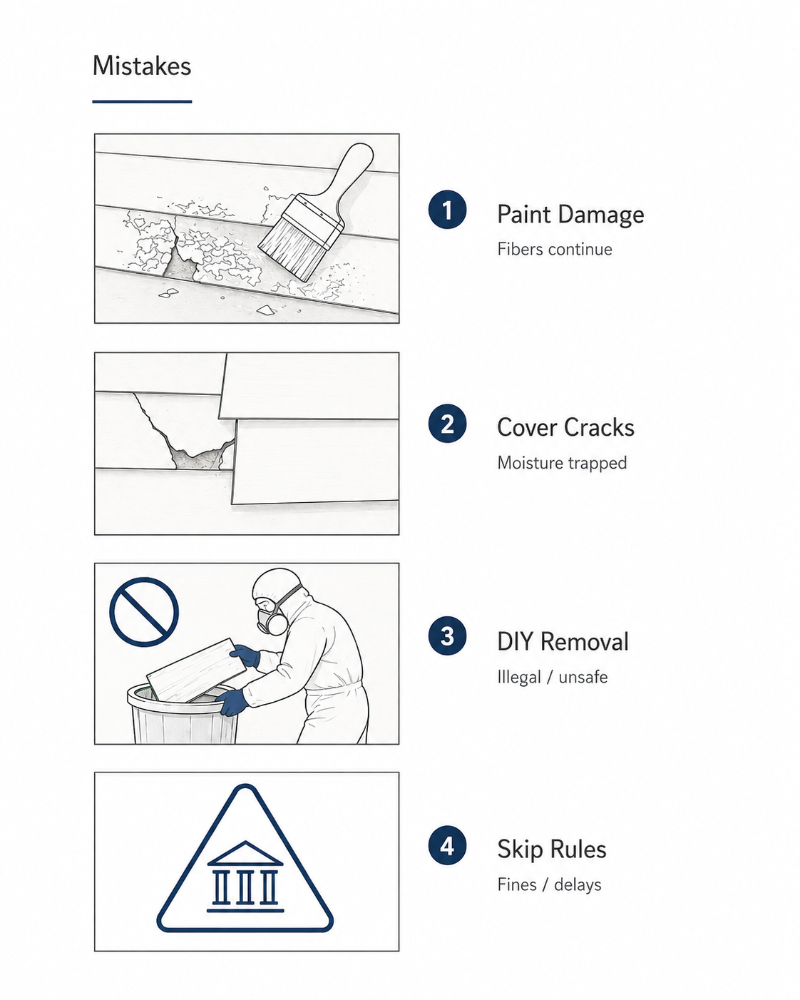Diagram showing common asbestos siding mistakes, including painting damaged siding, covering cracks, DIY removal, and skipping local rules.