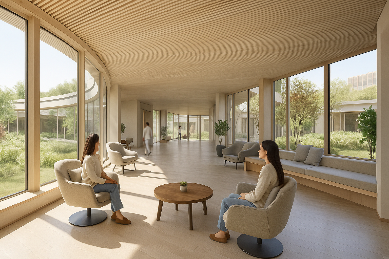 Bright communal living area with large windows, ergonomic seating, and open access to a garden.
