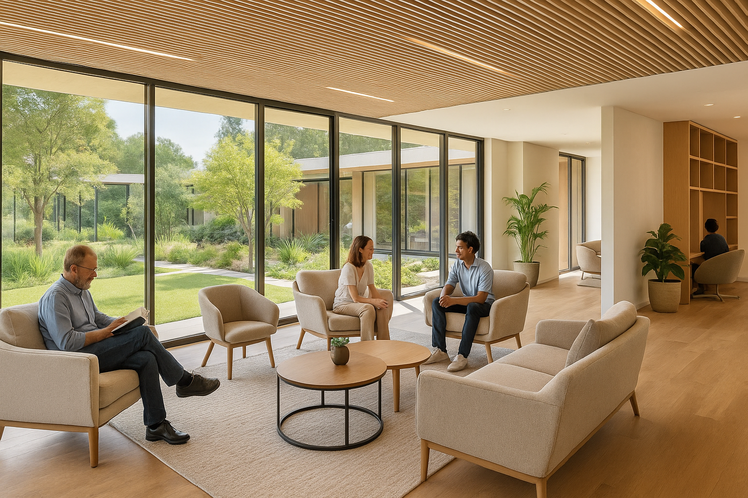 Modern communal living room with large windows, ergonomic chairs, and a garden view.
