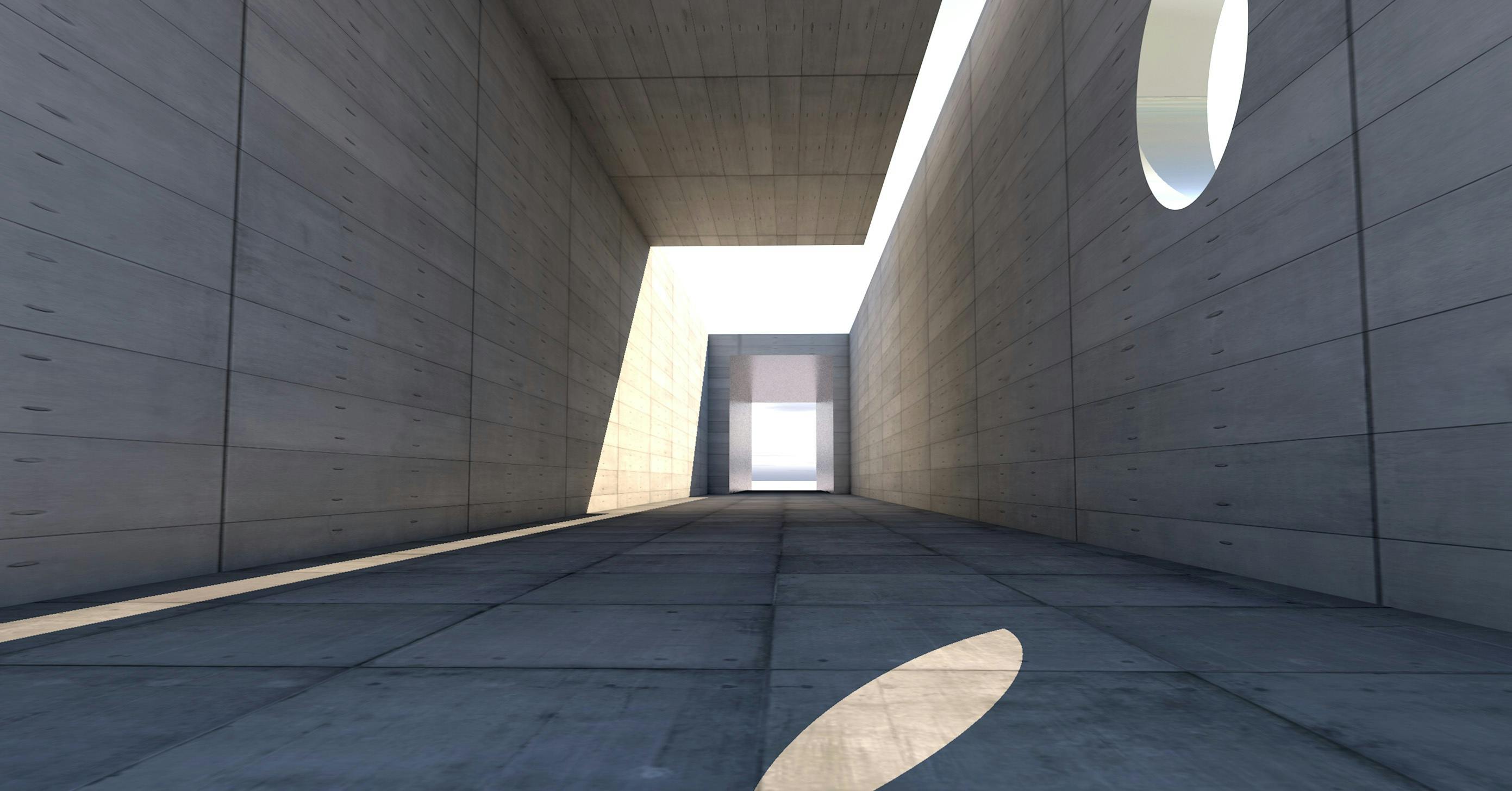 Minimalist concrete corridor in a contemporary building with clean lines and powerful simplicity.