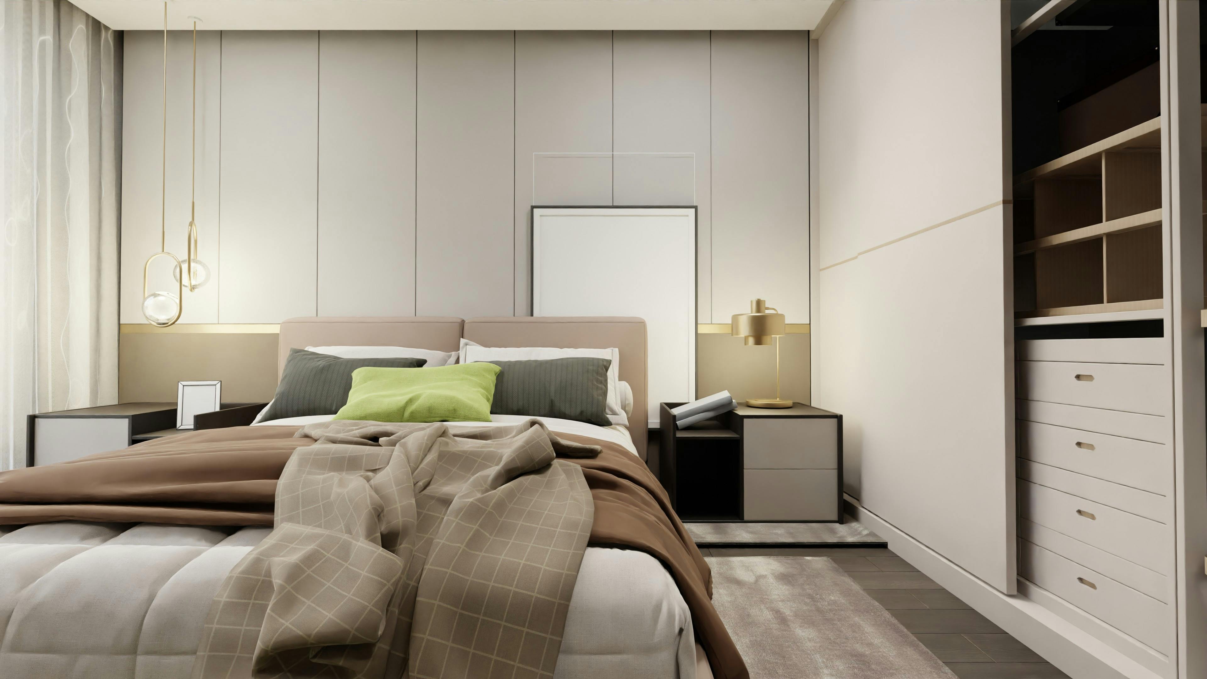 Cozy bedroom interior using a neutral color palette with soft tones and textures.