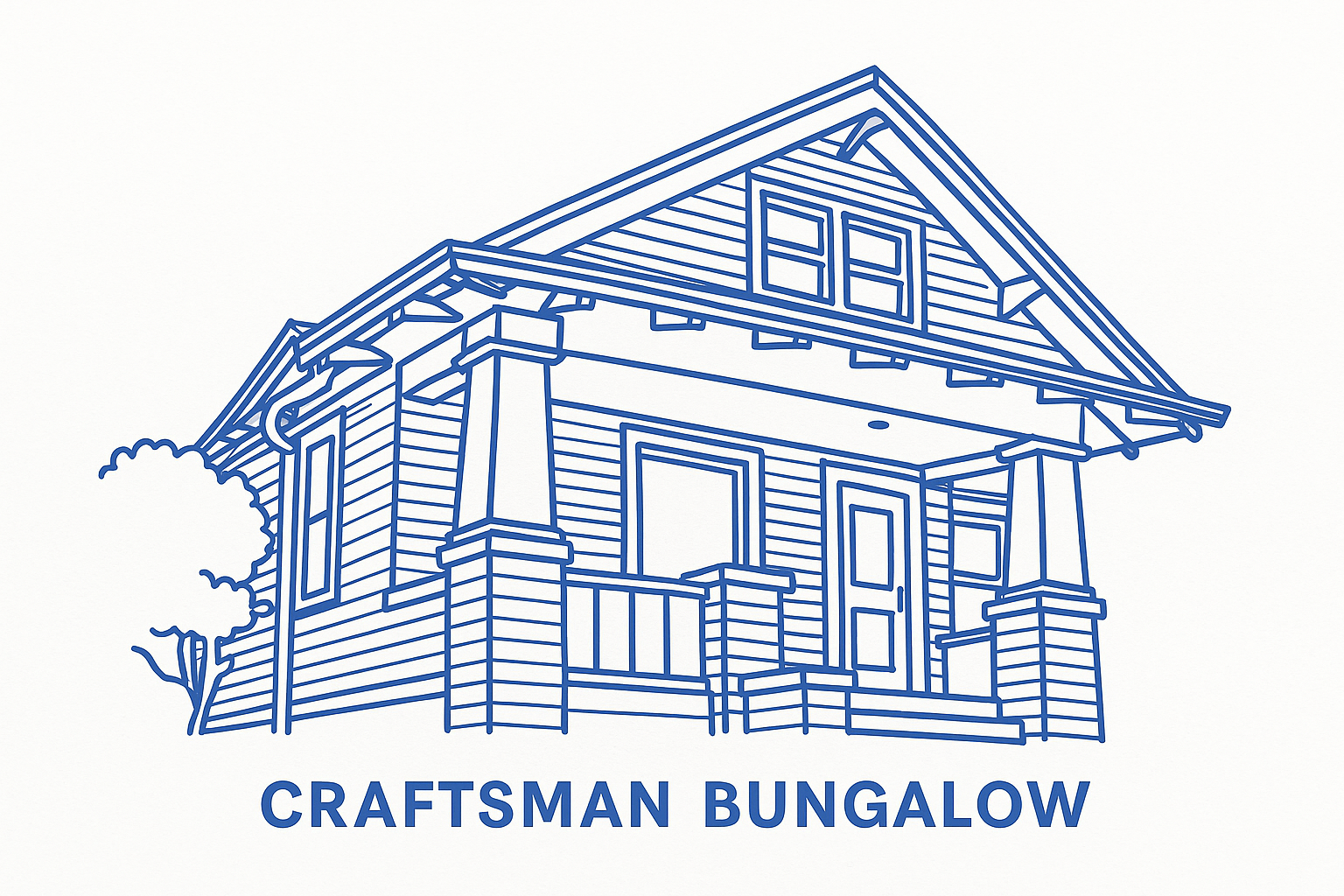 Sketch of a Craftsman Bungalow with gabled roof, tapered porch columns, and exposed rafters.