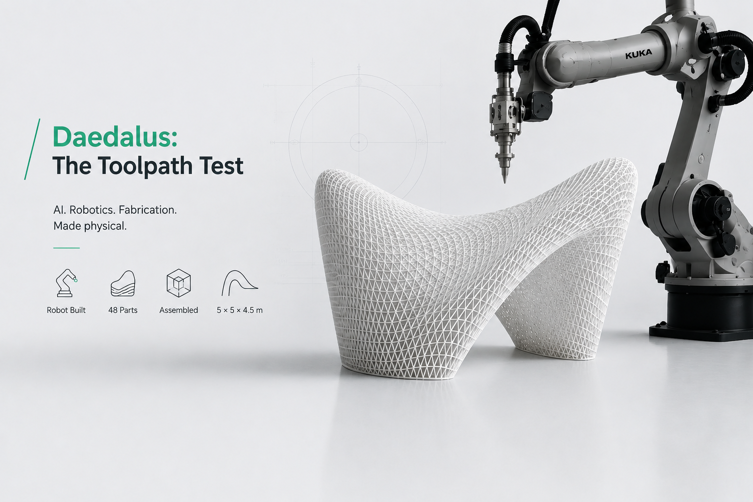 Robotic arm fabricating the Daedalus AI-designed pavilion with lattice geometry and robotic toolpath logic.