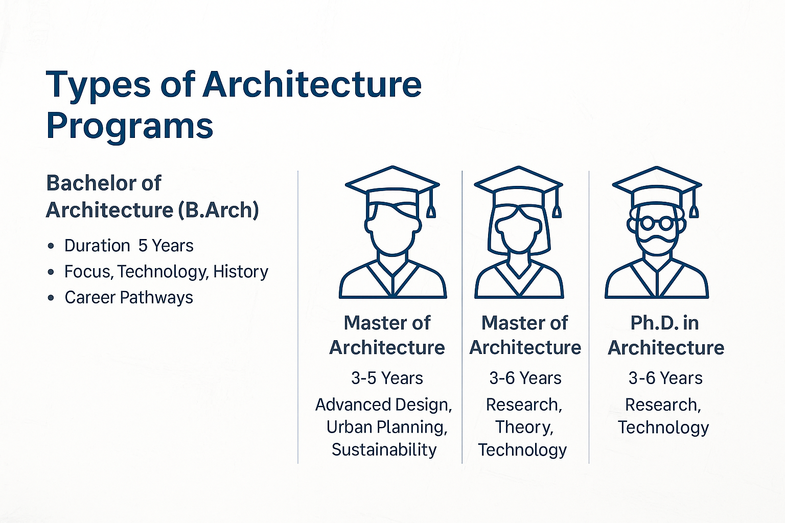 Summary of architecture degree types, from B.Arch to Ph.D., comparing duration, focus, and career paths for each program.