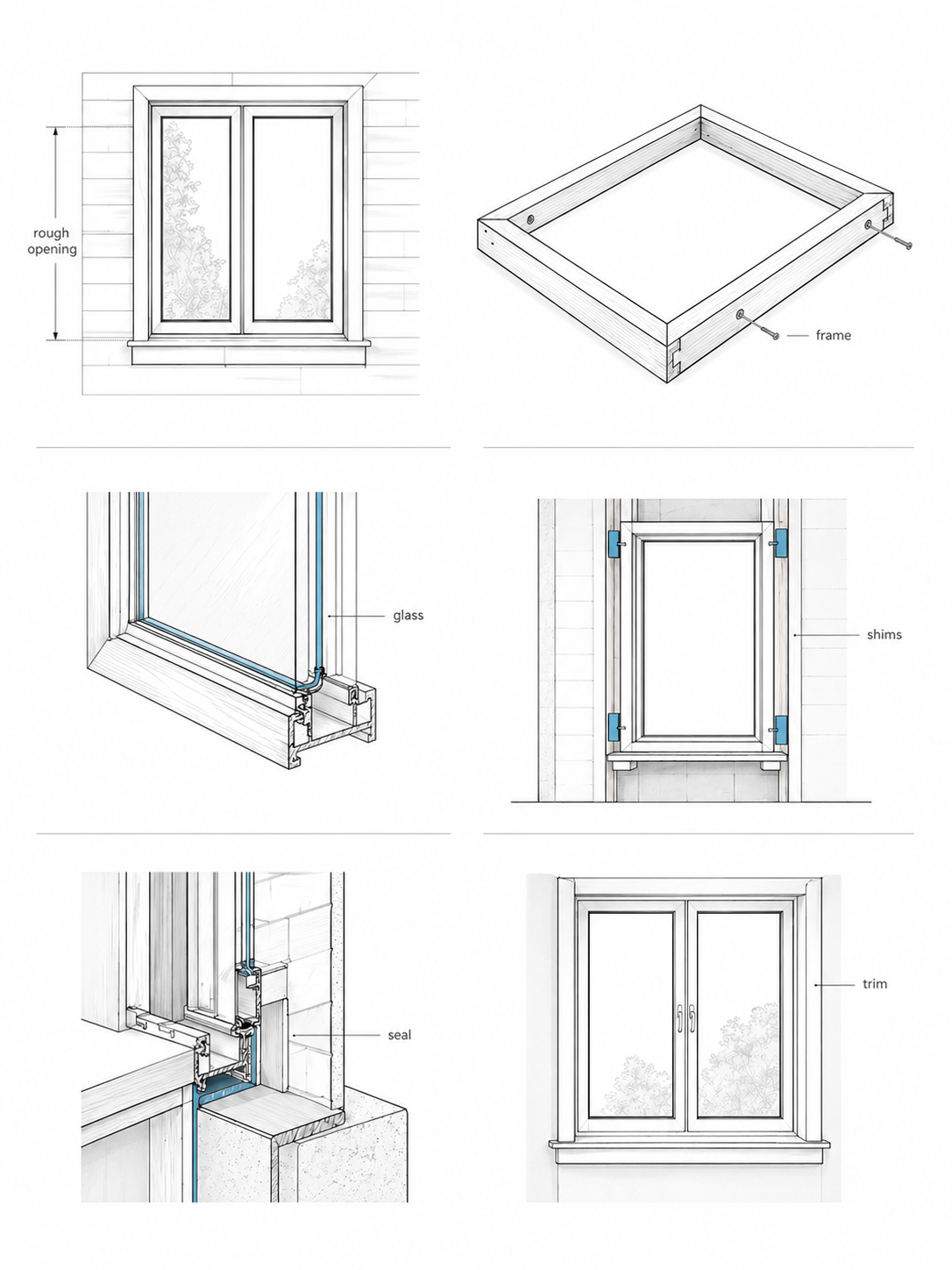 Window installation sequence diagram showing rough opening, frame assembly, glass placement, shimming, sealing, and final trim.