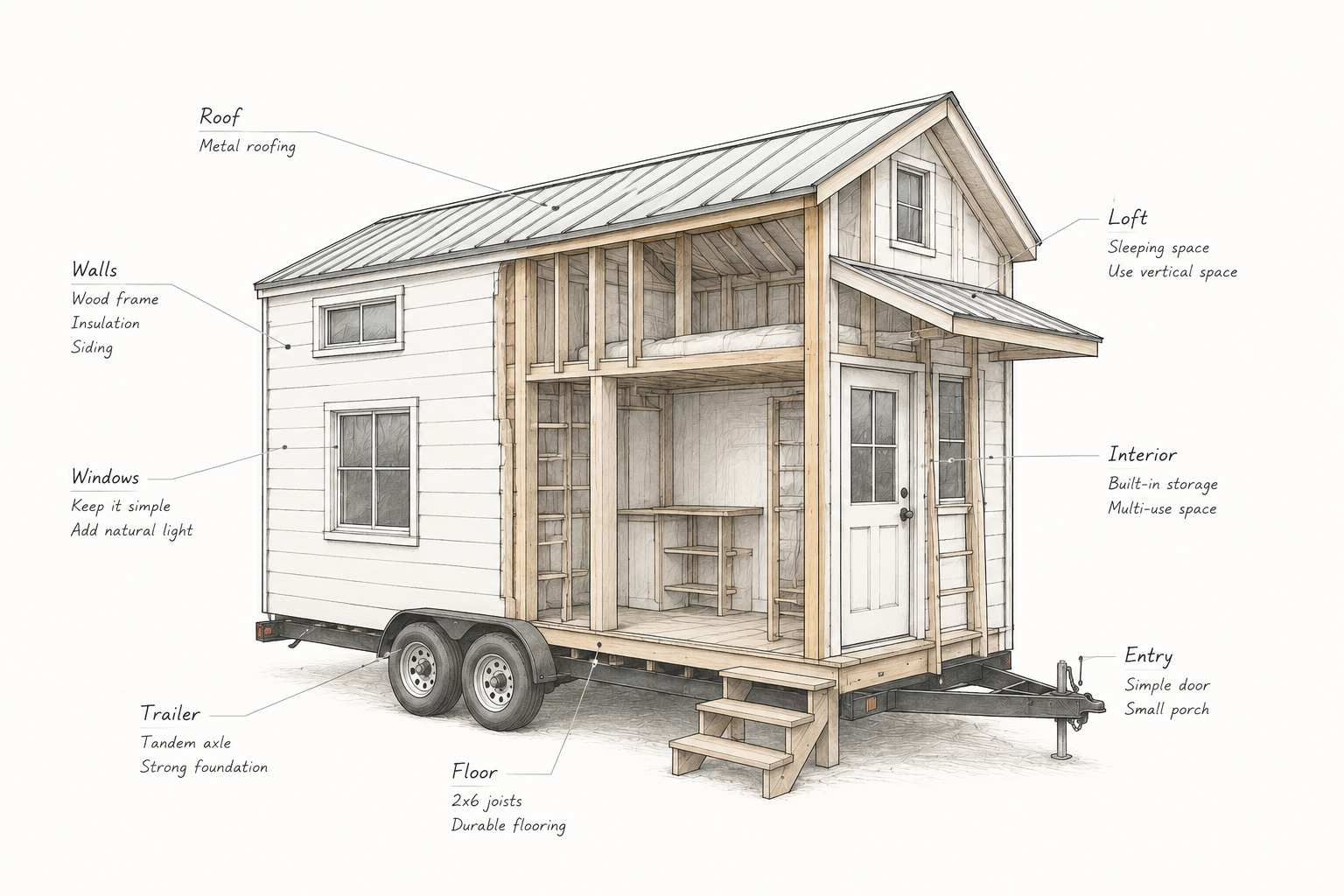 DIY tiny house on wheels cutaway showing the roof, wall framing, windows, loft, trailer, floor, and entry.