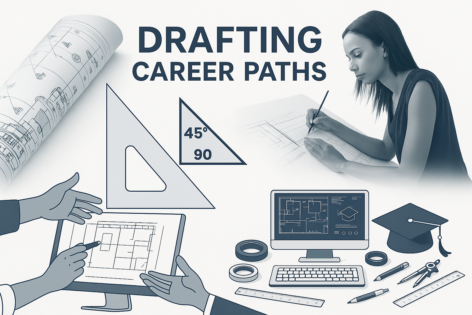A collage of drafting tools, a woman sketching, and CAD software promoting drafting career paths.