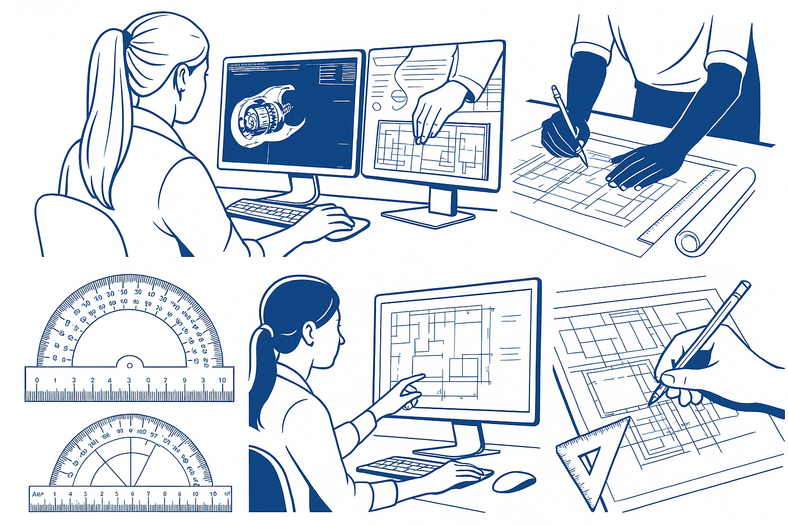 Blueprint collage featuring drafting tools, hand-drawn plans, and digital layouts to represent core elements of an associate degree in drafting.