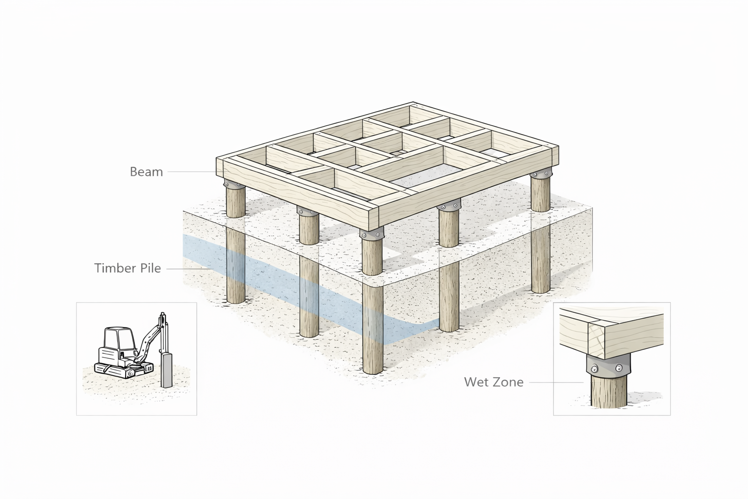 Four-step construction sketch showing how timber piles are driven into the ground using excavators and hydraulic equipment.