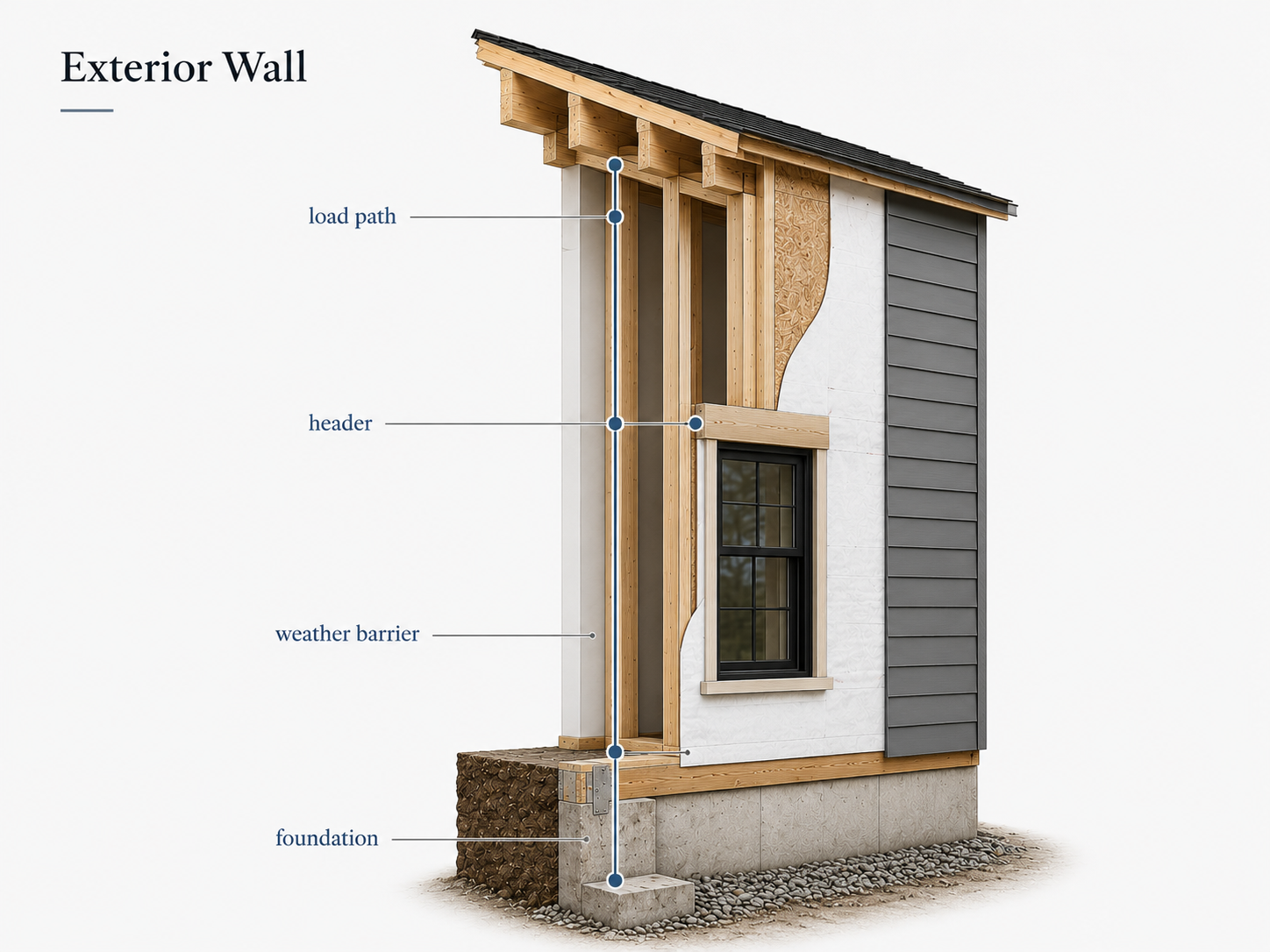 Exterior bearing wall section showing load path, header, weather barrier, window opening, siding, and foundation.