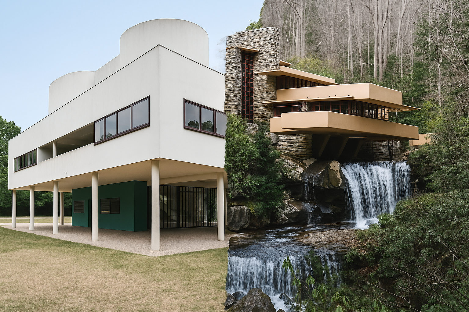 Fallingwater and Villa Savoye side-by-side showing contrasting modernist philosophies.
