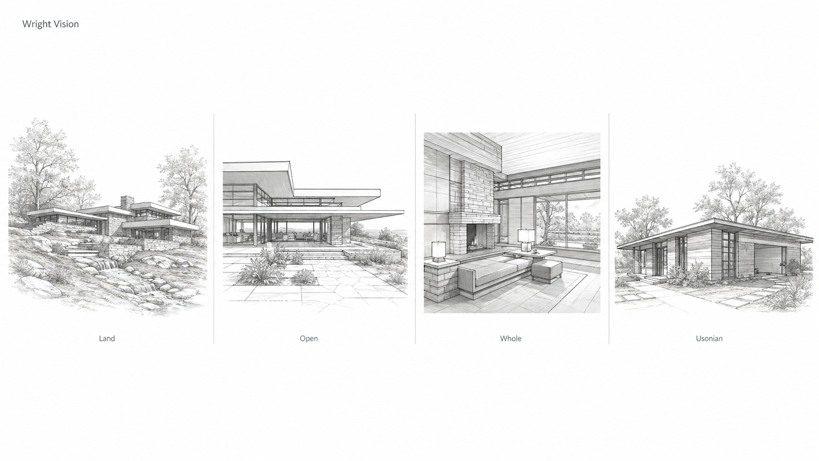 Frank Lloyd Wright-inspired architectural diagram showing land integration, open planning, total design, and Usonian house ideas.