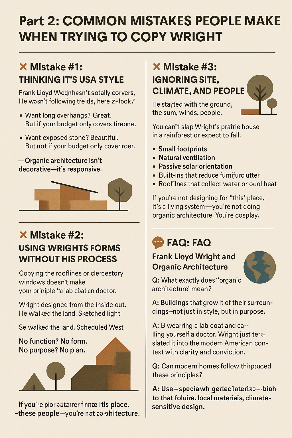 Infographic showing common mistakes people make when copying Frank Lloyd Wright’s organic architecture principles.