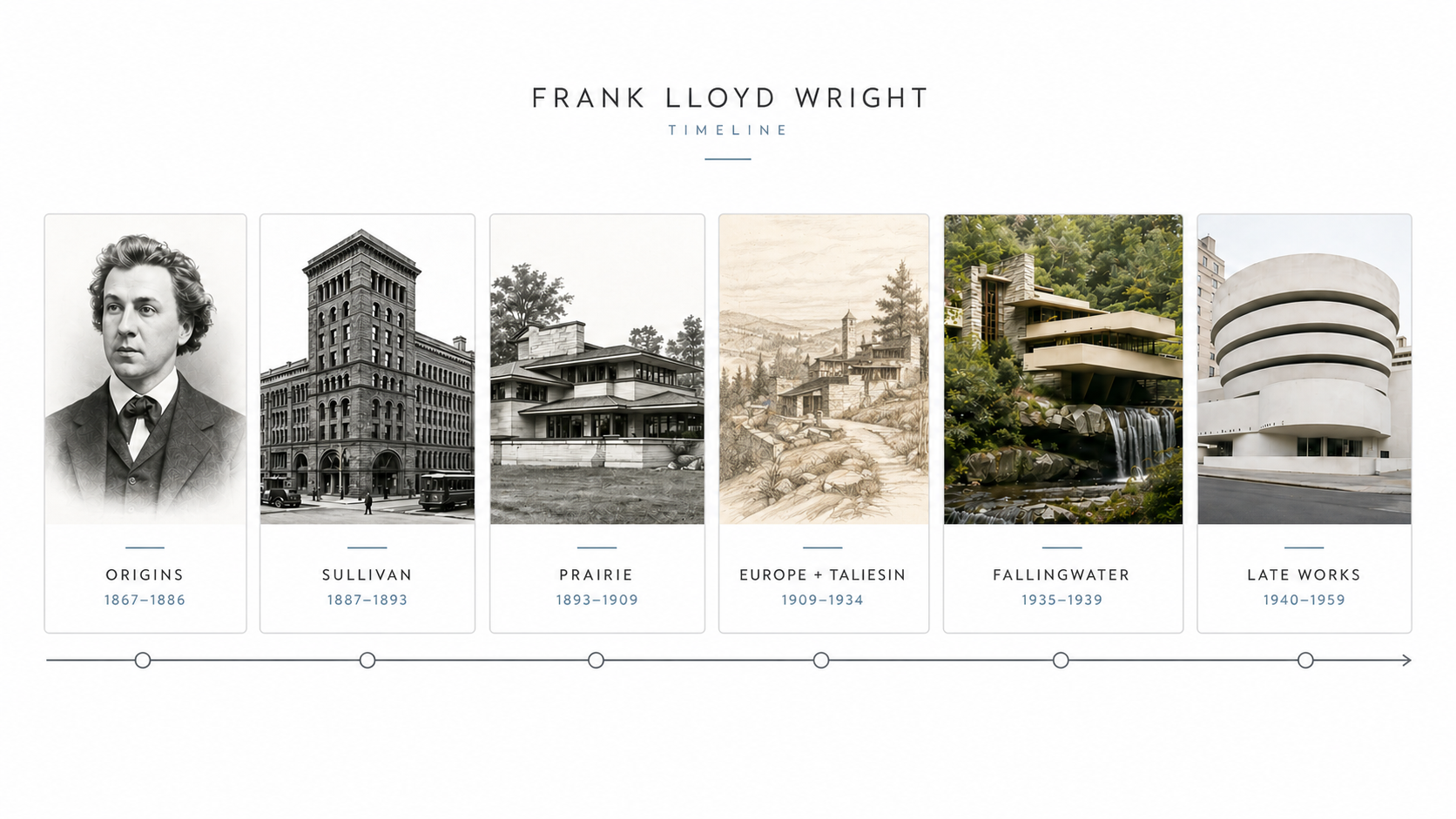 Frank Lloyd Wright timeline showing major career phases from Origins and Sullivan to Prairie, Taliesin, Fallingwater, and Late Works.