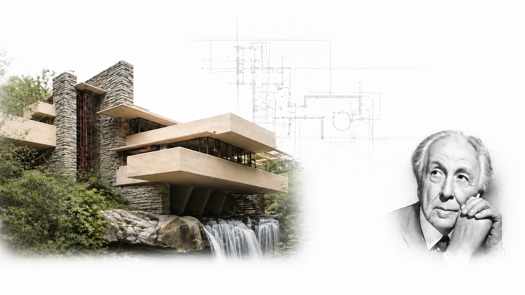Editorial architecture header showing a modernist house, faint floor plan overlay, and an architect portrait.