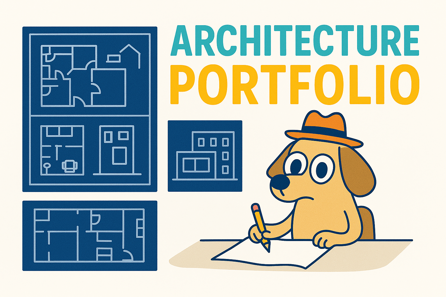 Colorful cartoon-style illustration of a stressed student holding an architecture portfolio while flying papers and tools scatter.