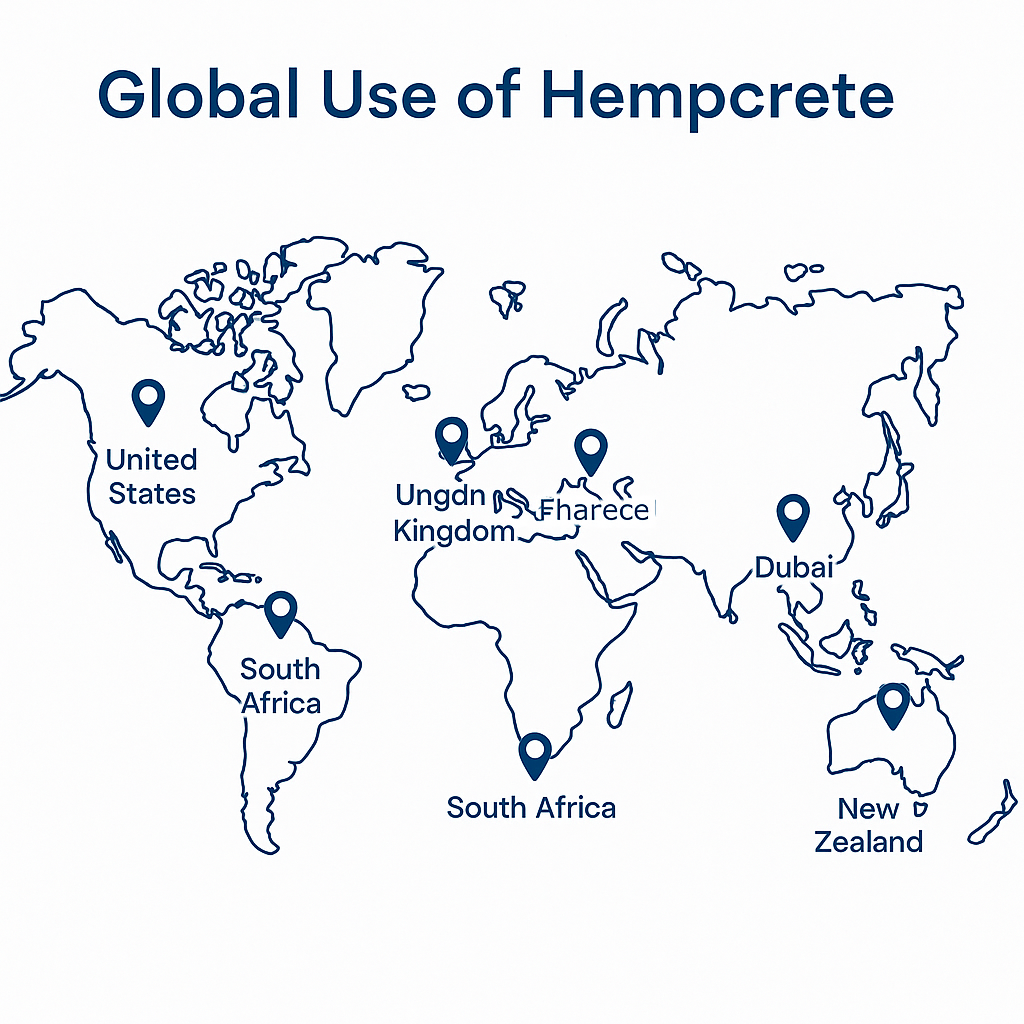 Infographic map showing global adoption of hempcrete in construction across key countries including the U.S., Canada, UK, France, South Africa, and New Zealand.