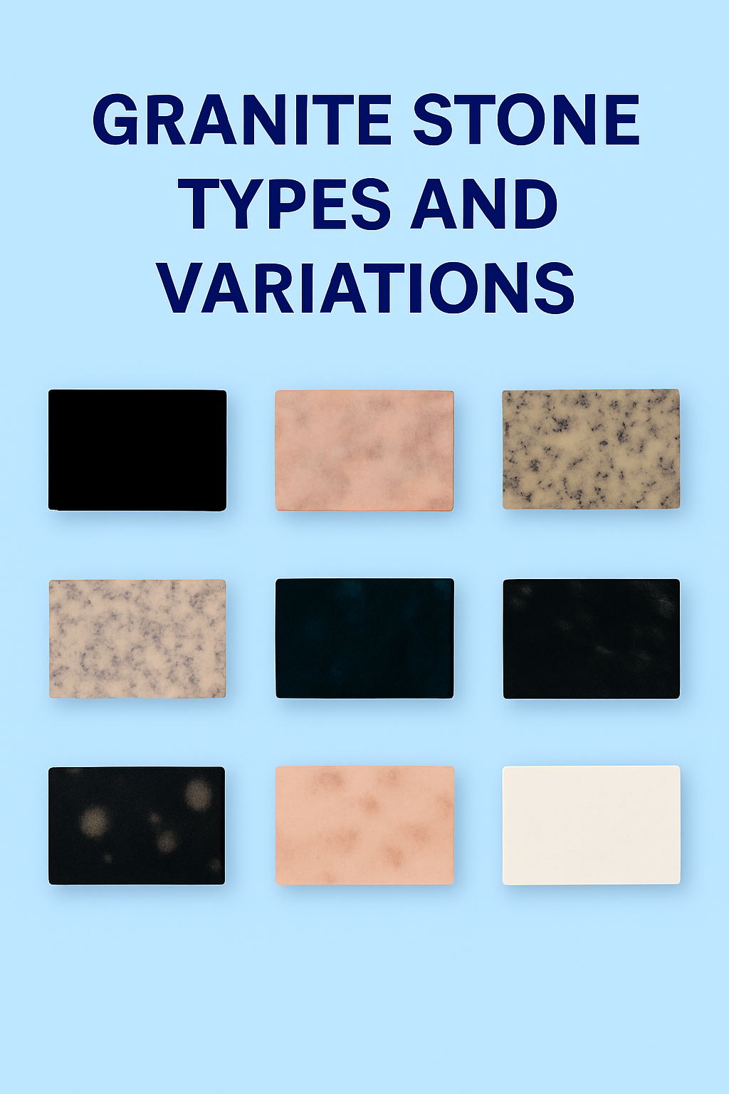 Different types and variations of granite stone with texture samples.