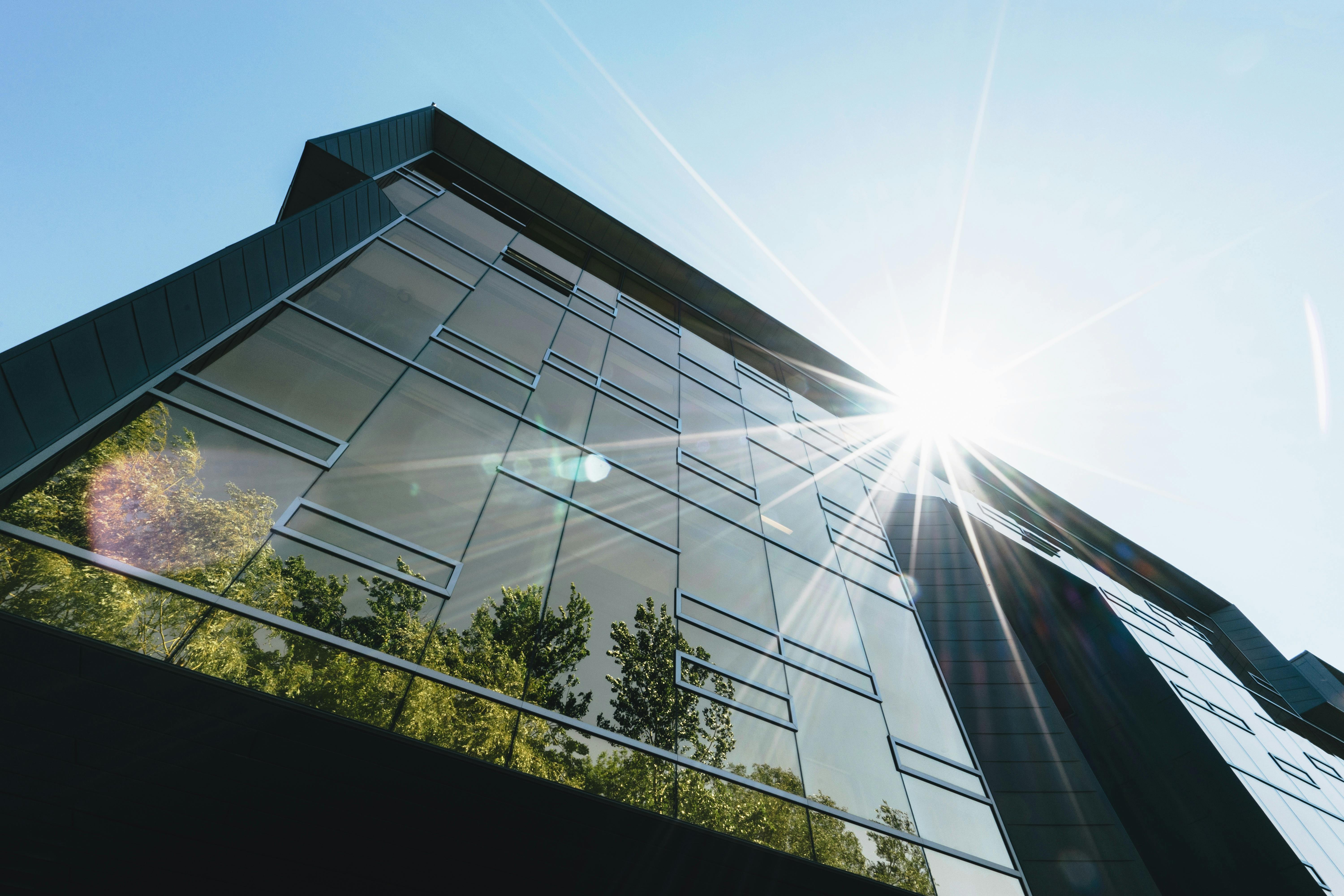 Low-angle view of skyscraper reflecting nearby greenery in an urban biophilic setting.