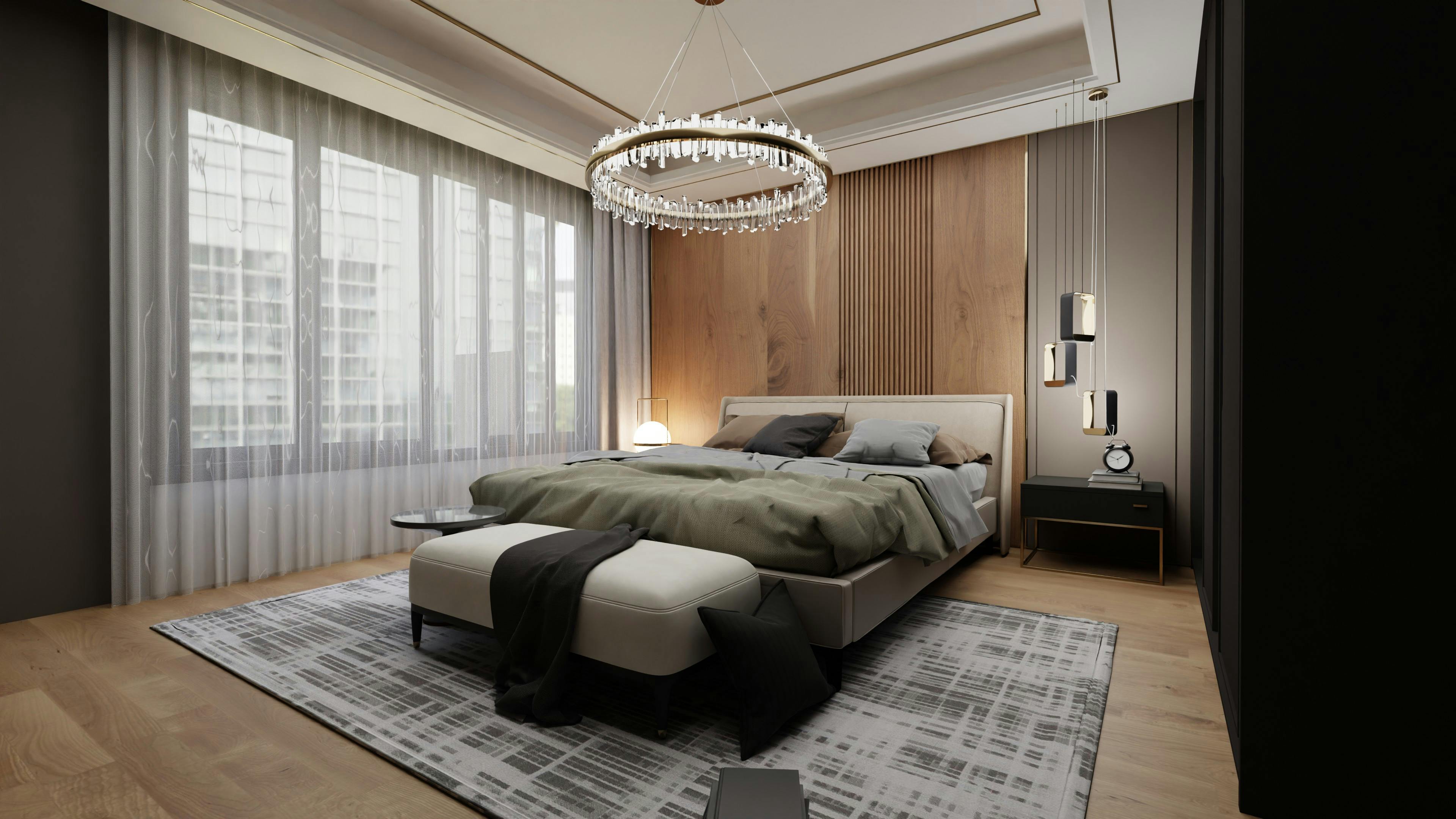 Bedroom with grey shades and black-and-white accents.