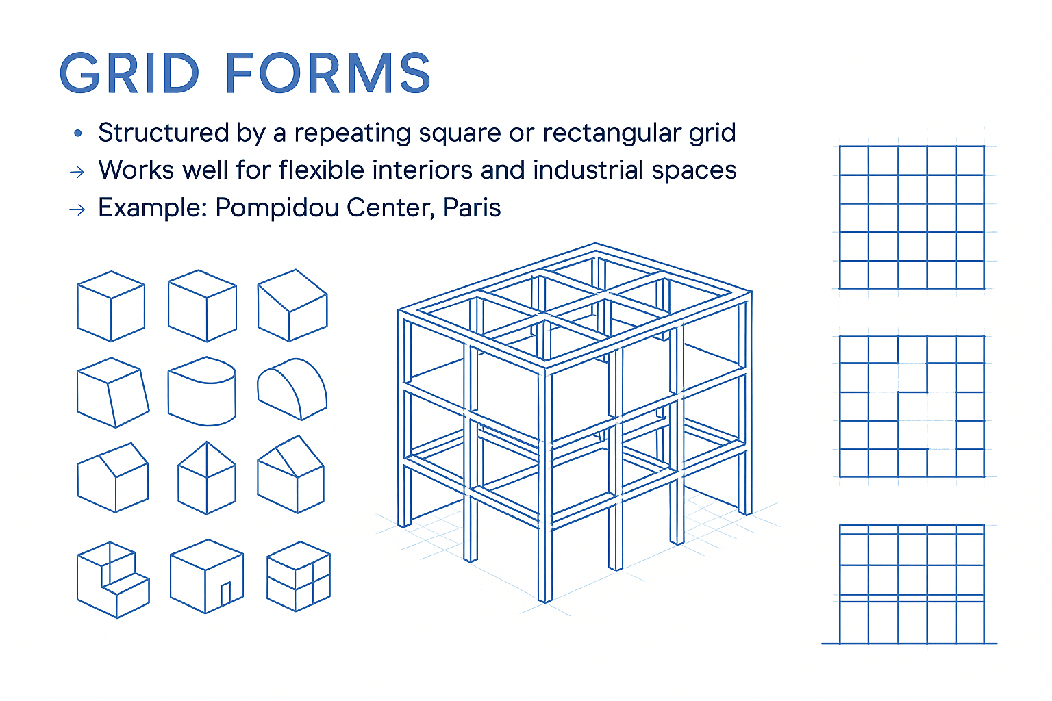 Grid-based architectural structures and geometric modules.