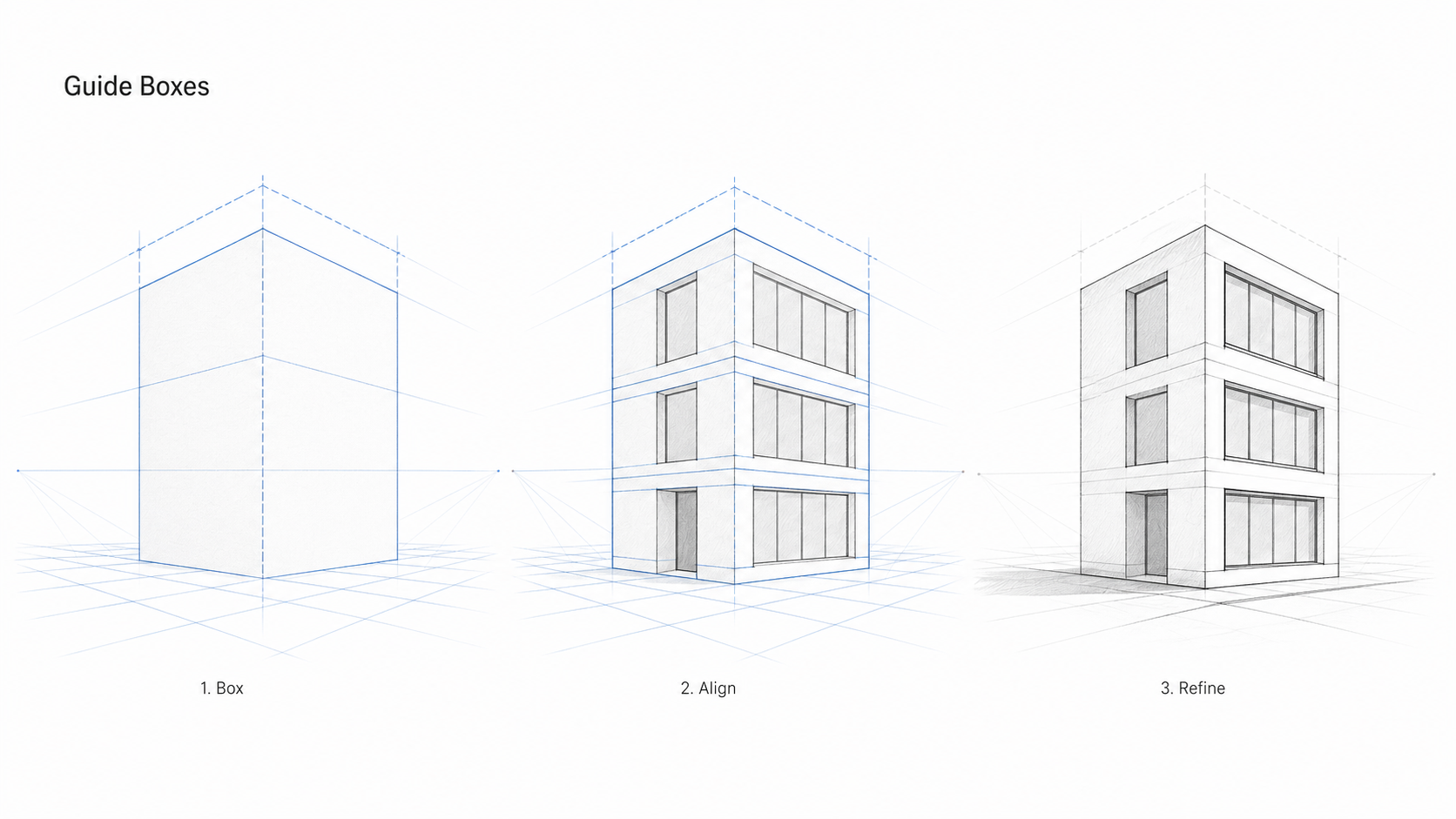 Architectural sketch diagram showing a guide box, aligned building details, and a refined perspective drawing.
