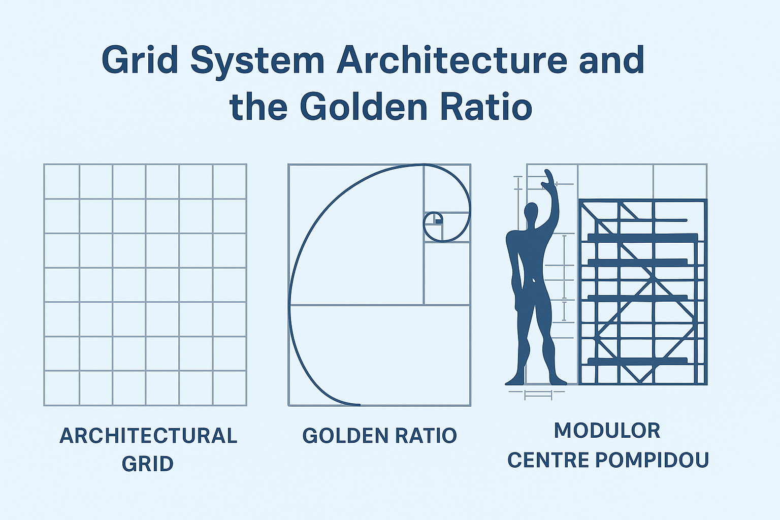 Infographic showing architectural grid, Golden Ratio spiral, Le Corbusier’s Modulor, and Centre Pompidou grid structure.