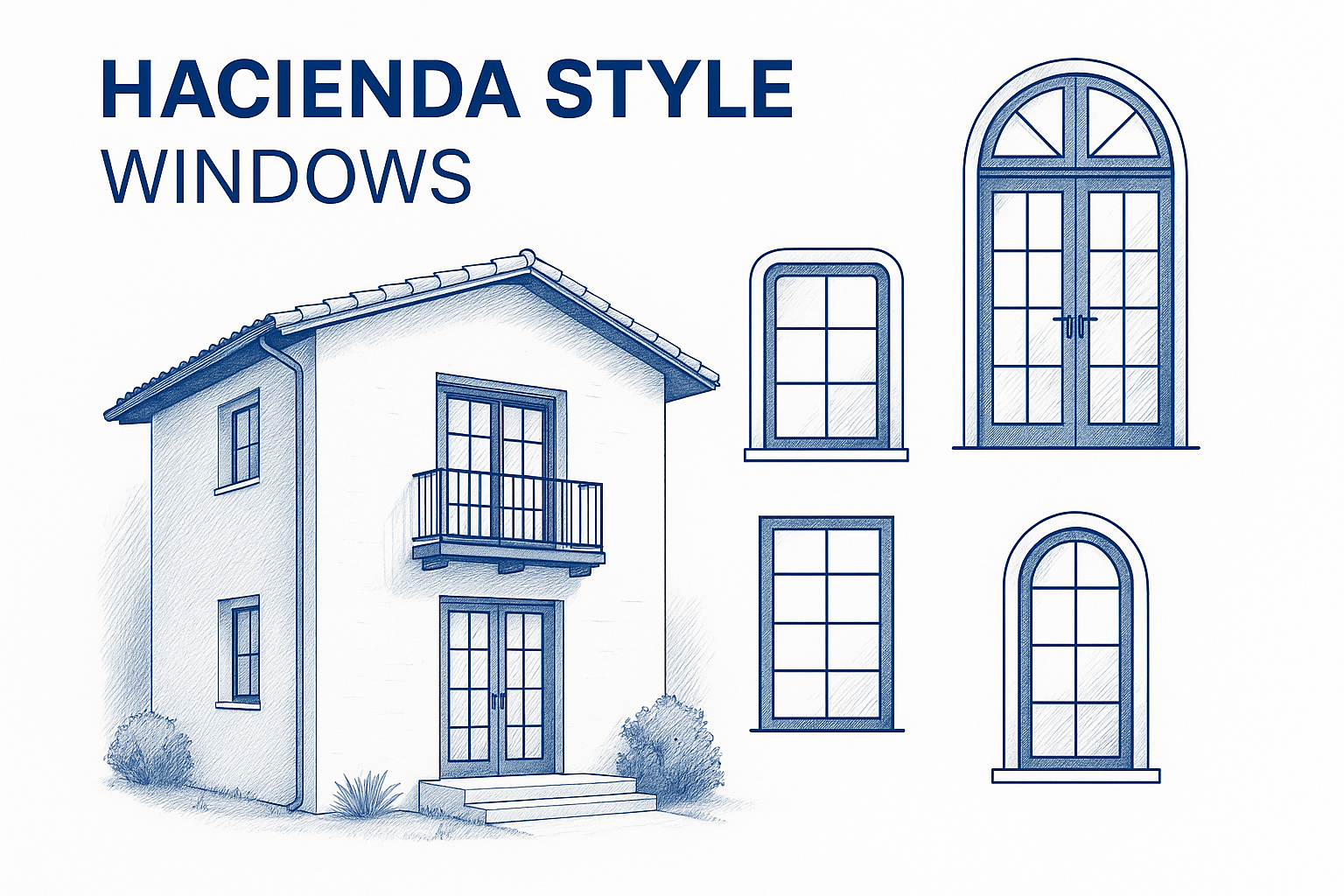 Hacienda-style windows including arched, wood-framed, and iron-grilled types.