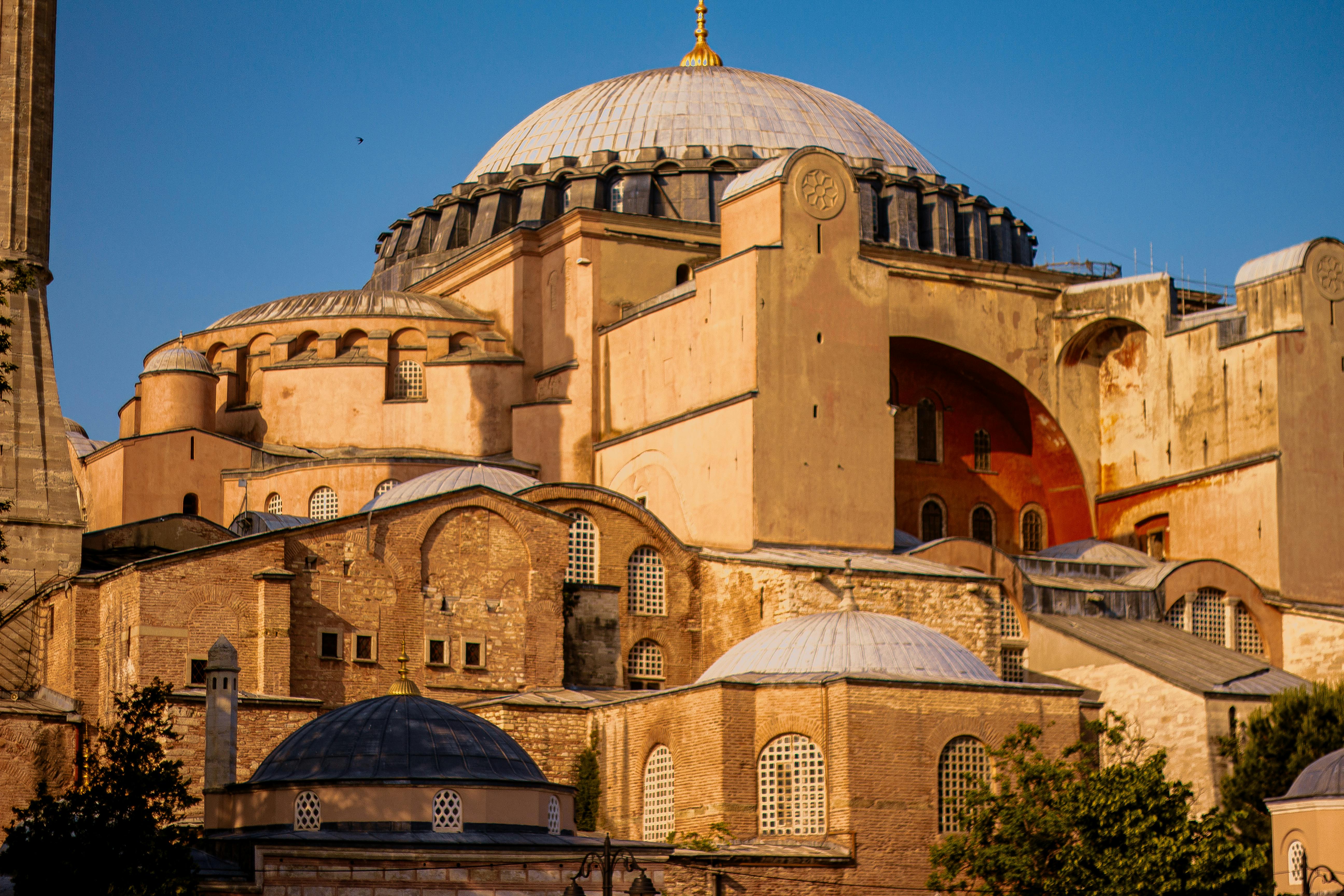 Interior view of Hagia Sophia’s large central dome with supporting arches.