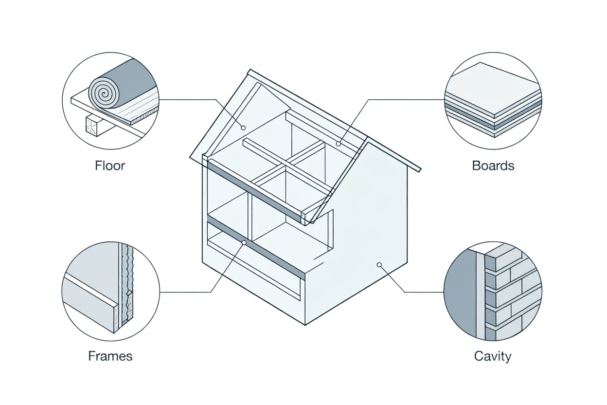An achitectural diagram showing a house with labeled insulation types in walls, floors, roof, and frames.