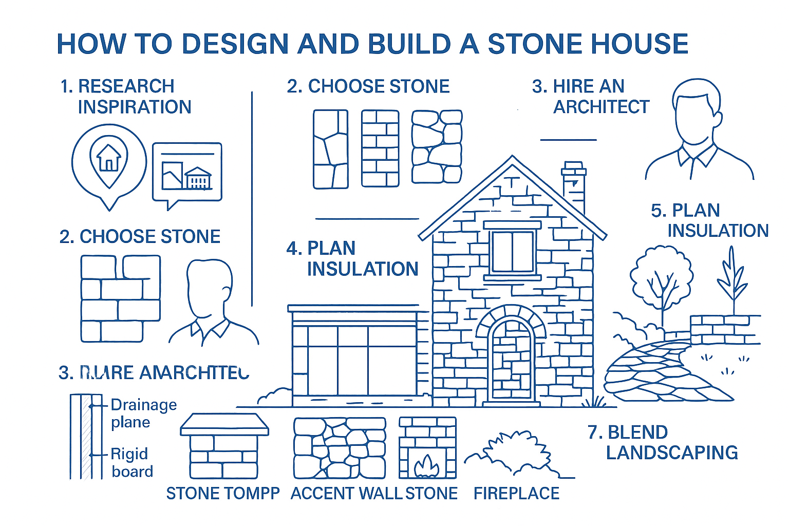 Step-by-step visual showing how to design and build a stone house, including inspiration, materials, insulation, and landscaping.