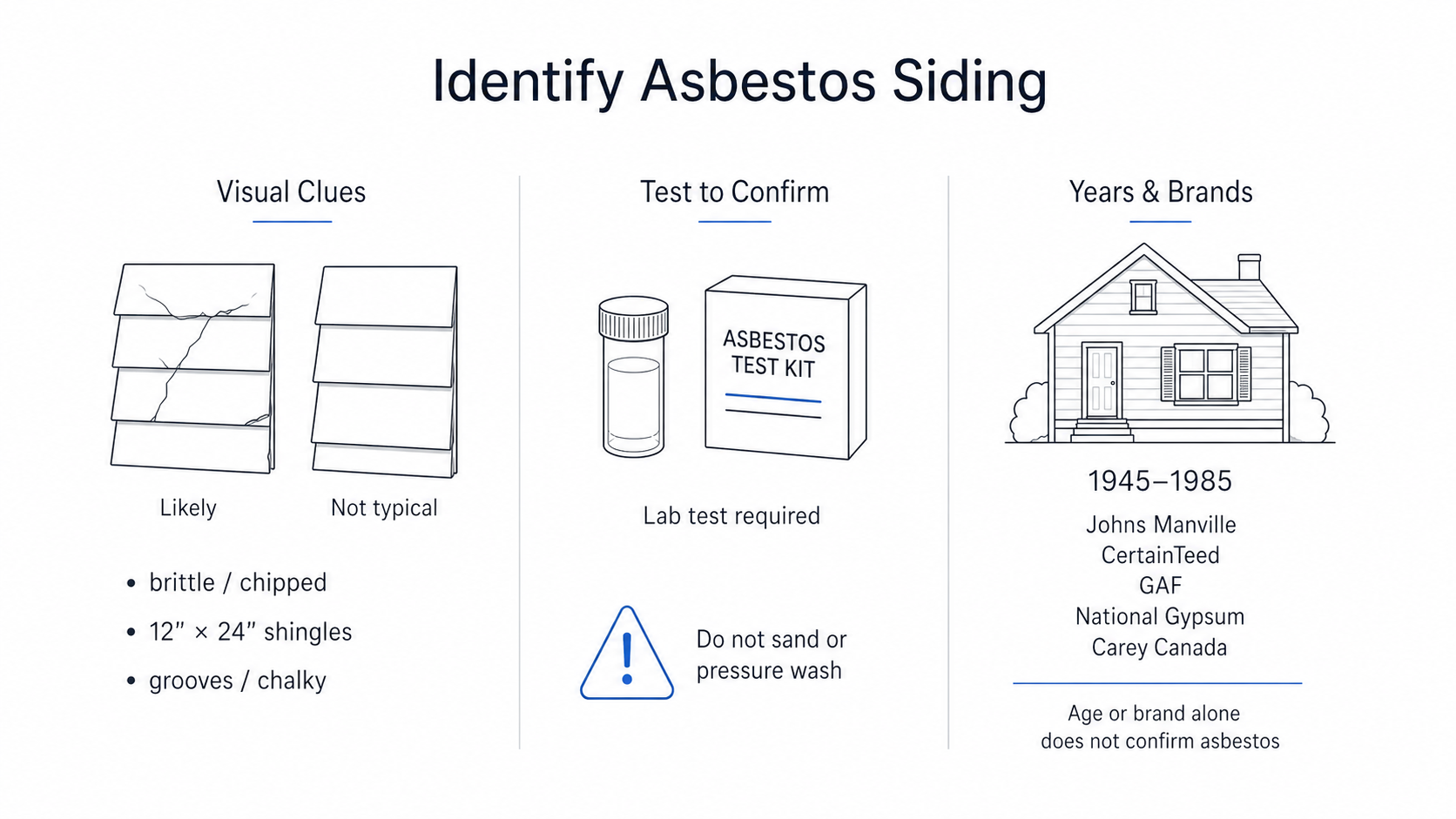 Infographic showing visual clues, testing, common years, and brand examples for identifying asbestos siding.