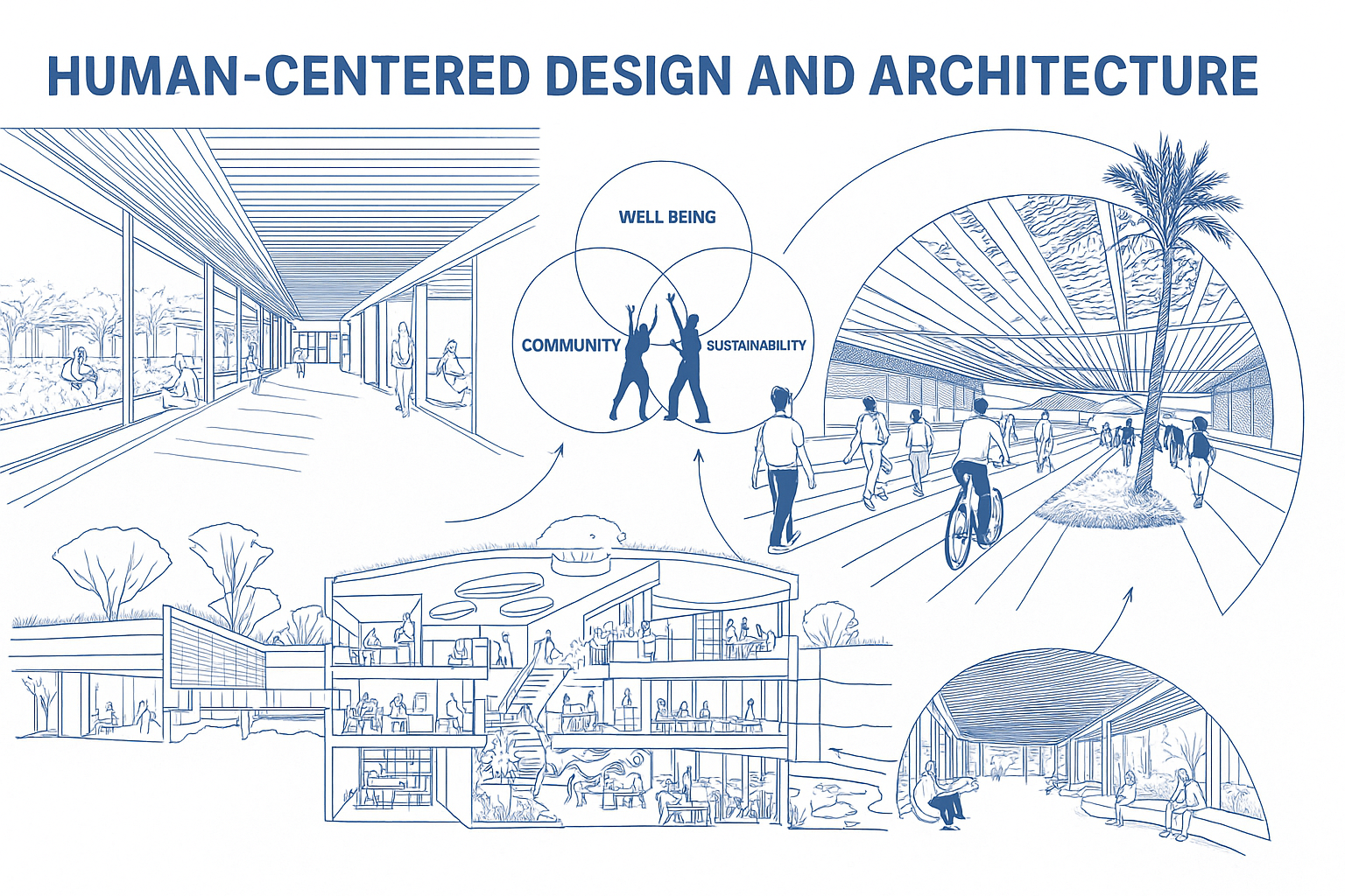 A modern human-centered architectural space with trees, open areas, and collaborative zones.