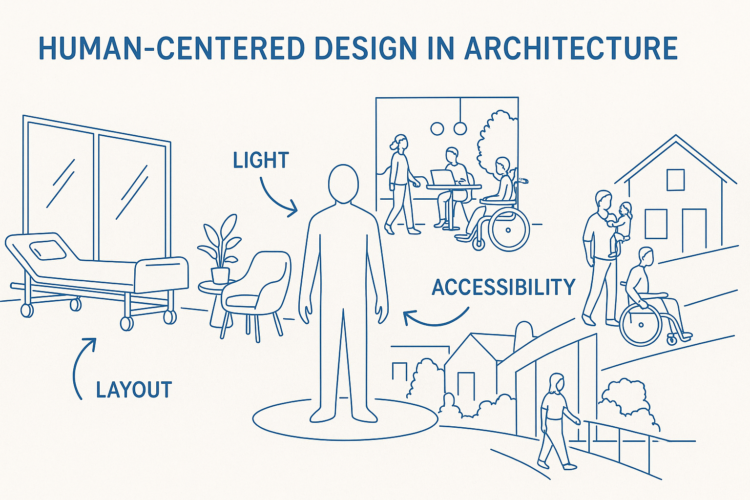 Infographic of human-centered architectural spaces including labs, lounges, and accessible pathways.