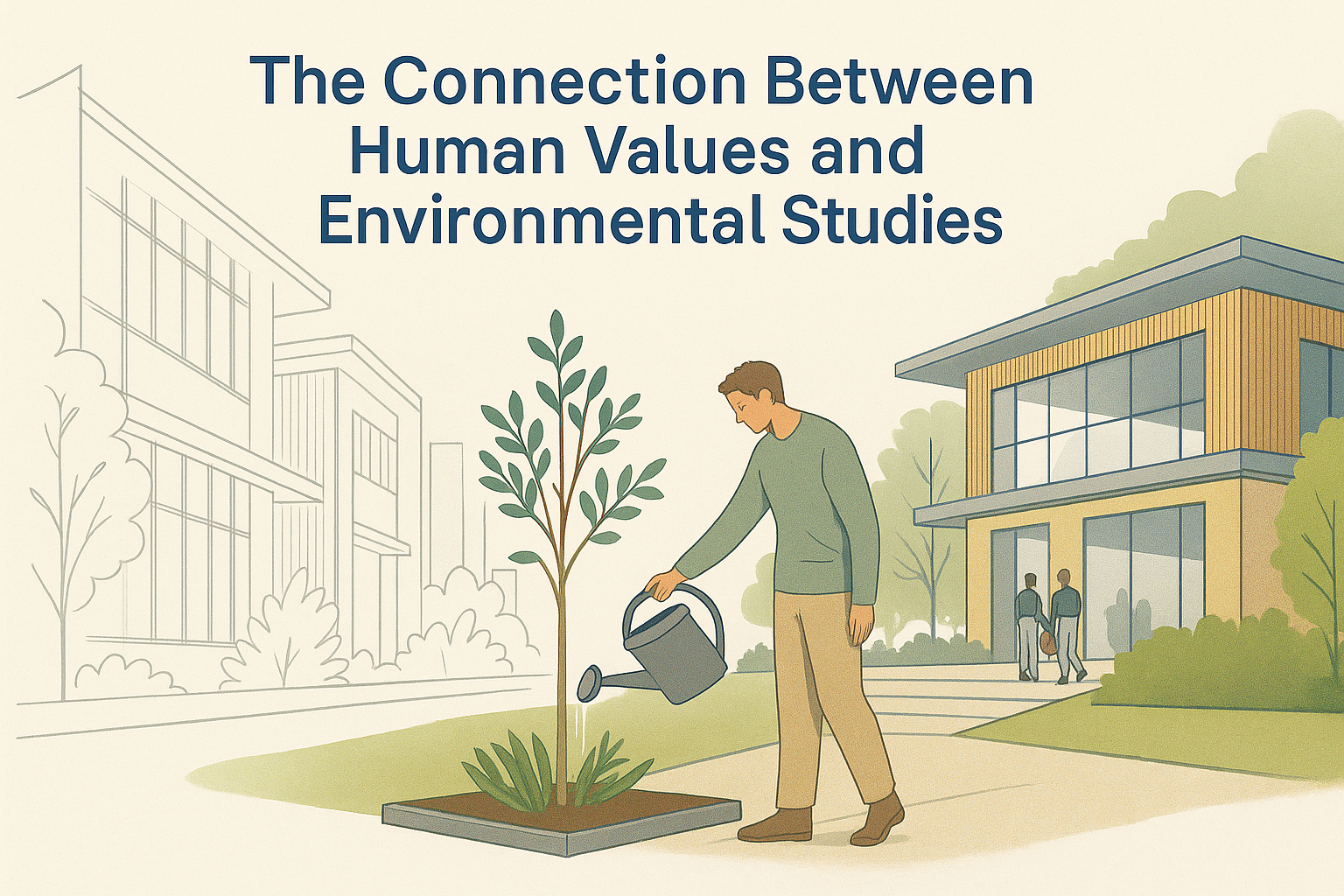Urban scene showing a man watering a plant on the street, symbolizing how personal values influence environmental care in modern city life.