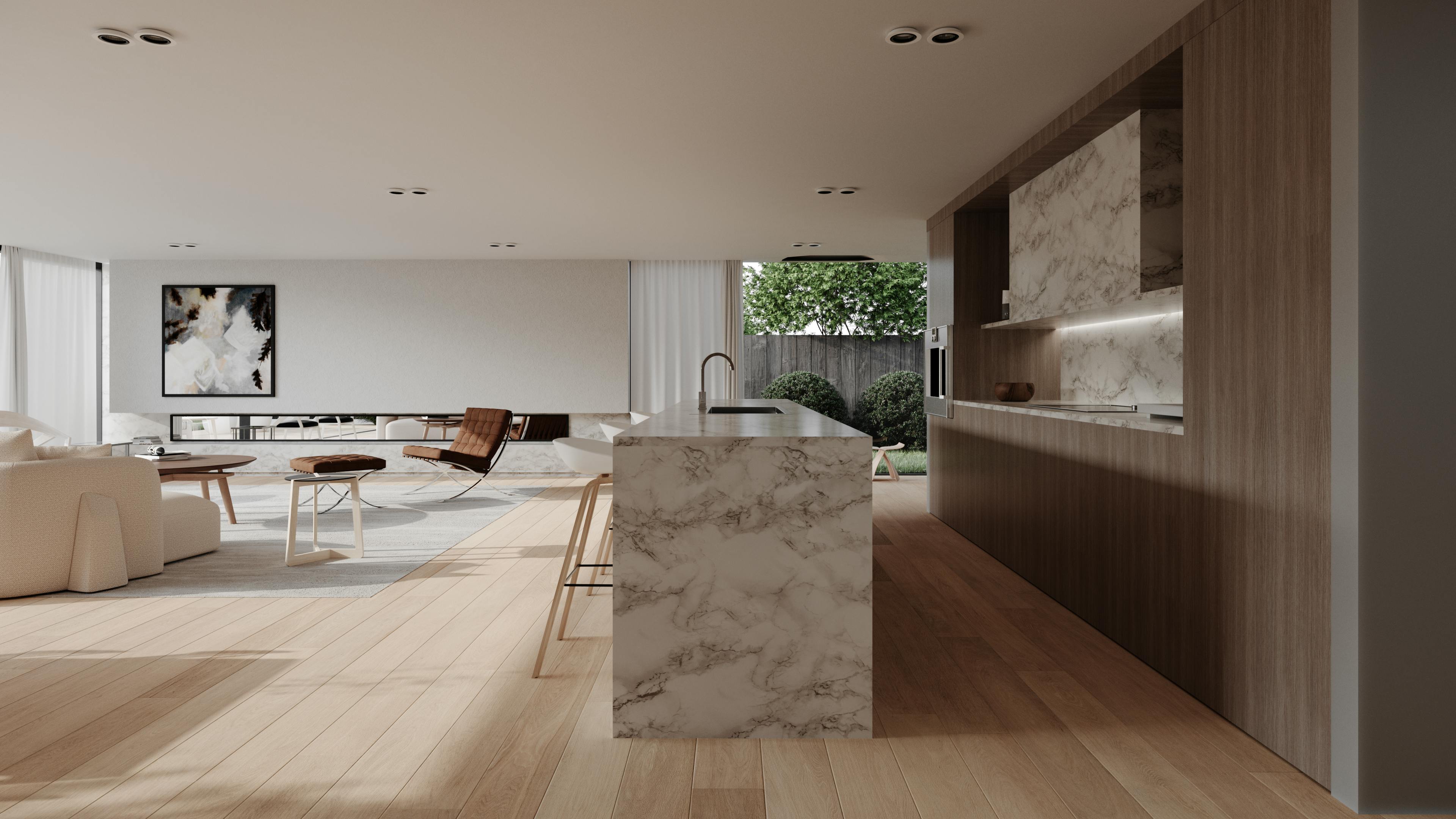Modern interior with marble kitchen and living area connecting to outdoor space.