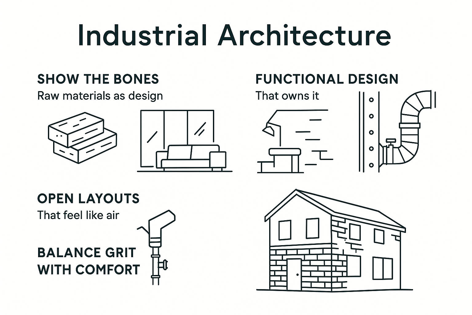 Industrial architecture showcasing exposed materials, functional design, open layouts, and a mix of raw grit with comfortable spaces.