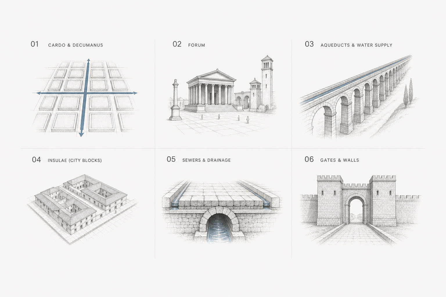 Roman planning elements diagram showing the cardo and decumanus, forum, aqueduct, insulae, drainage, and gates.