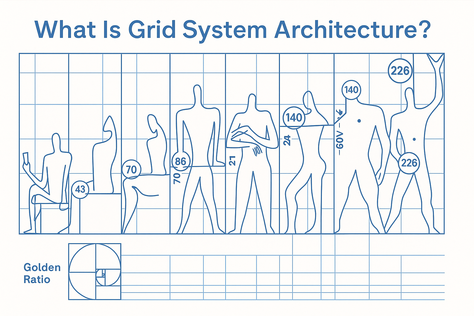 Diagram showing Le Corbusier’s Modular Man system based on Golden Ratio grid integrating human body and architecture.