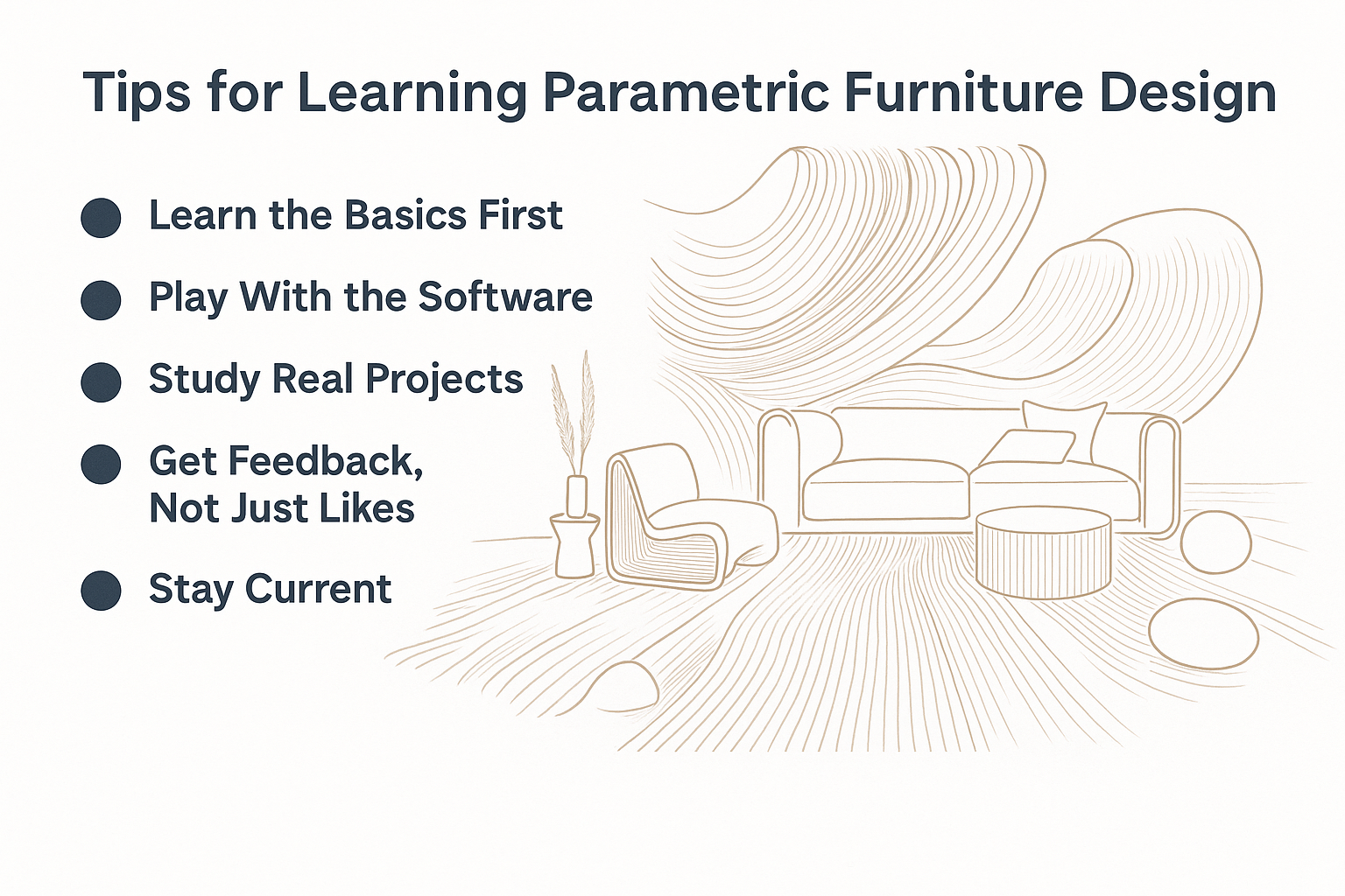 Listing 5 parametric furniture design tips alongside a beige line-art living room sketch.
