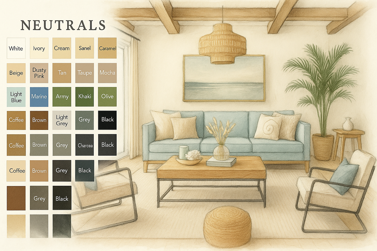 Living room with soft earthy tones and natural materials, samples placed nearby.