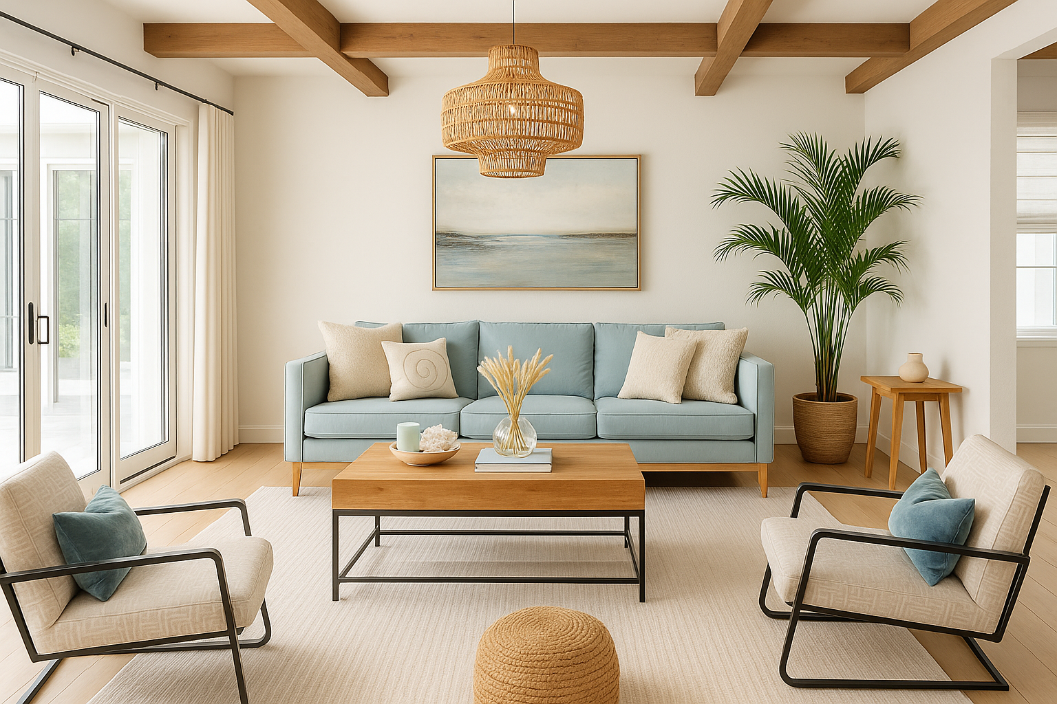 Living room decorated with soft earthy tones and natural materials.