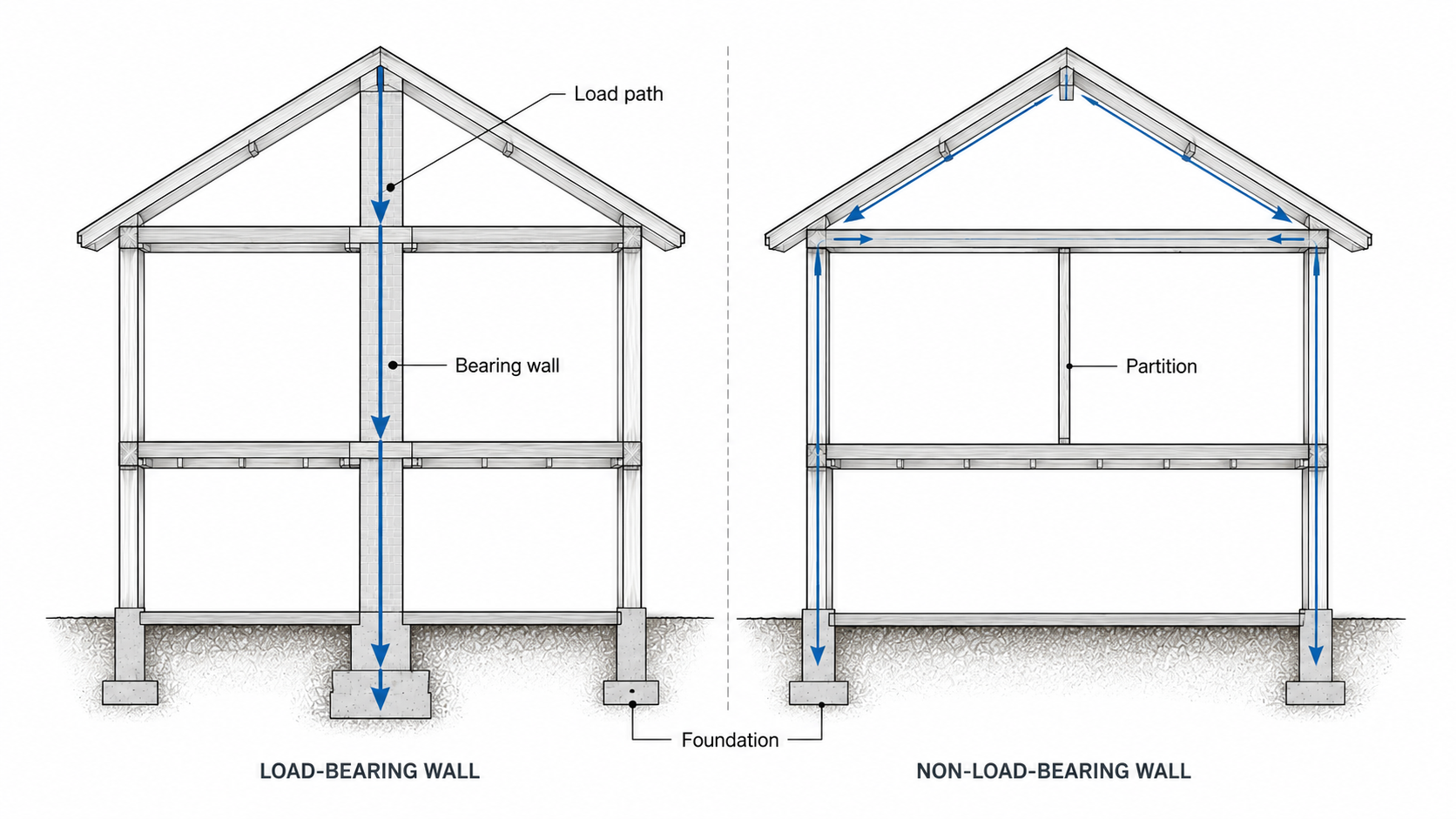 Load-bearing vs non-load-bearing wall diagram showing one wall carrying loads to the foundation and one partition with loads bypassing it.