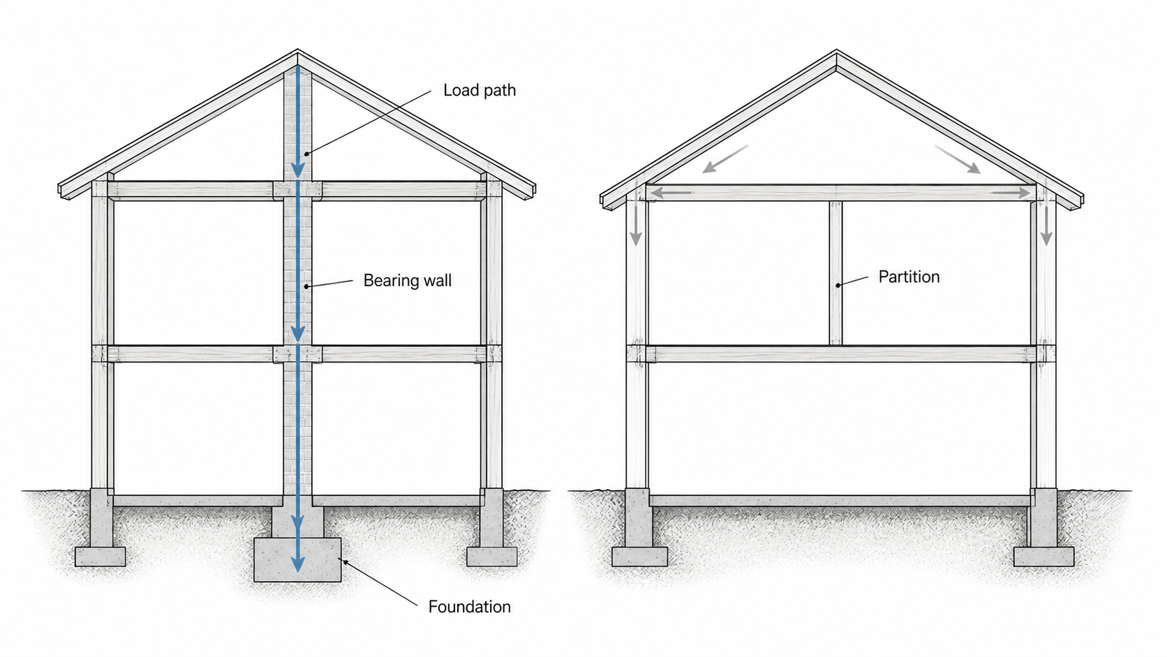 Load-bearing wall diagram showing a roof and floor load path carried down to the foundation beside a non-load-bearing partition.