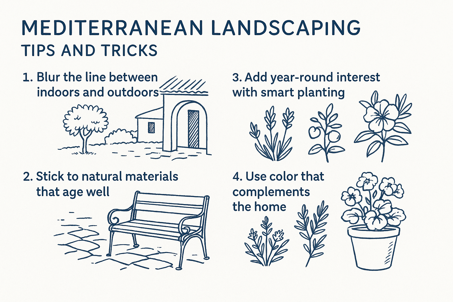 Showing four Mediterranean landscaping tips, including indoor-outdoor flow, natural materials, seasonal plants, and color use.