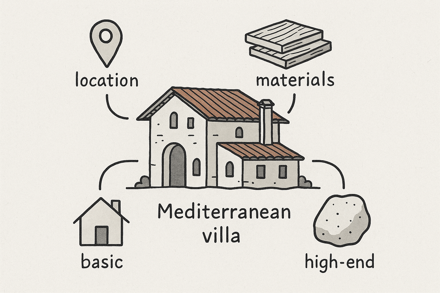 Cost breakdown chart for building basic and luxury Mediterranean villas.