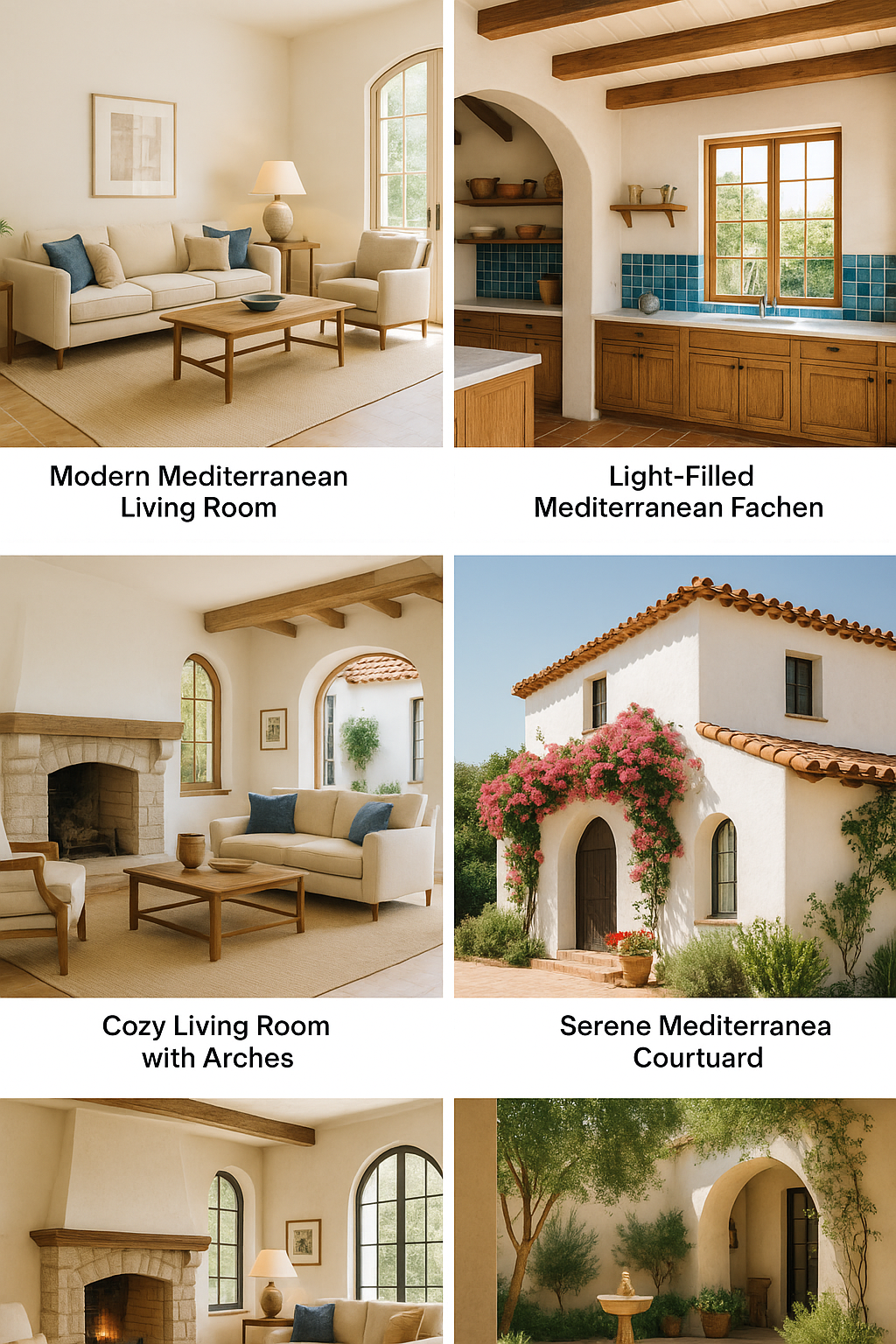 Collage of Mediterranean villa with living room, rustic kitchen, stucco walls, arched lounge, and courtyard.