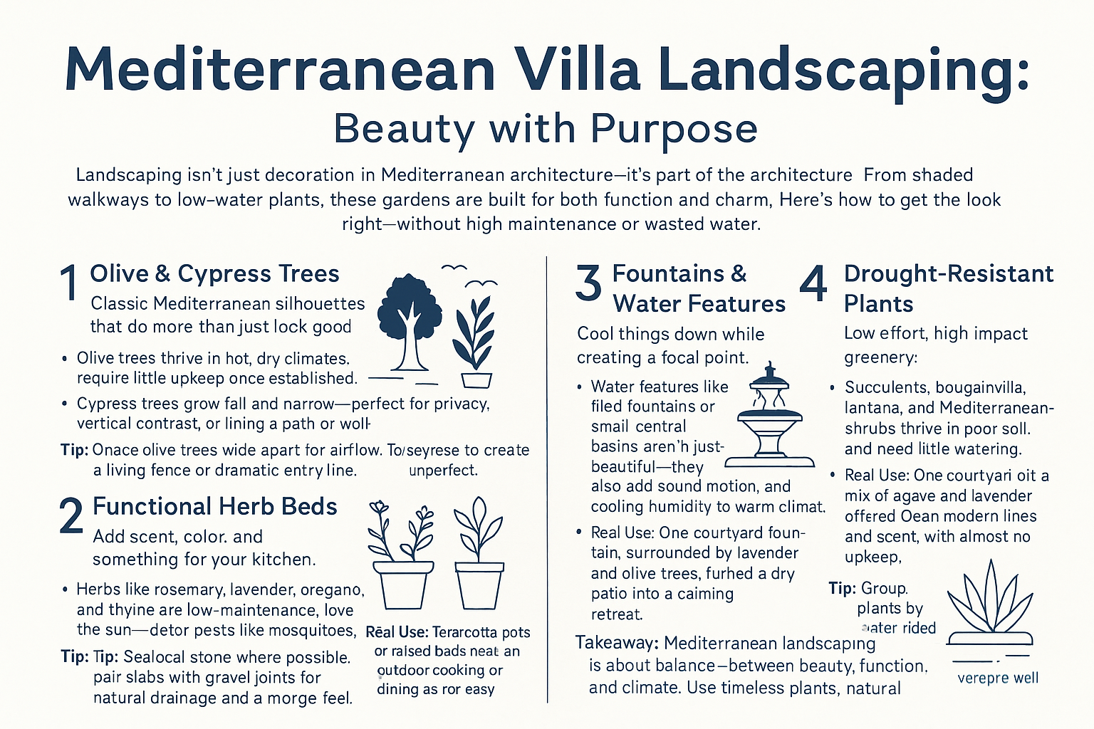 Infographic explaining key Mediterranean landscaping ideas like olive trees, herb beds, water features, and drought-tolerant plants.